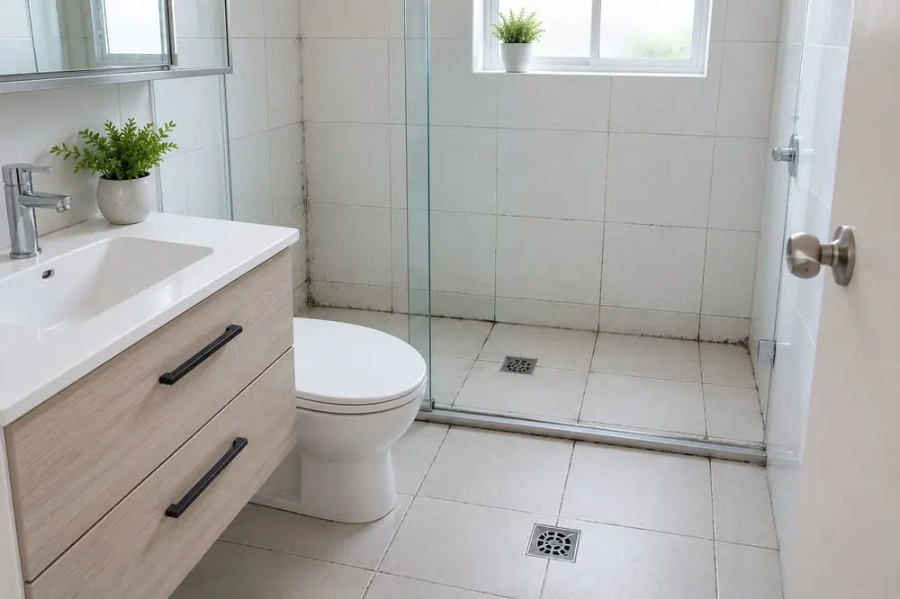 Bathroom tiles with cracked mouldy grout before regrouting