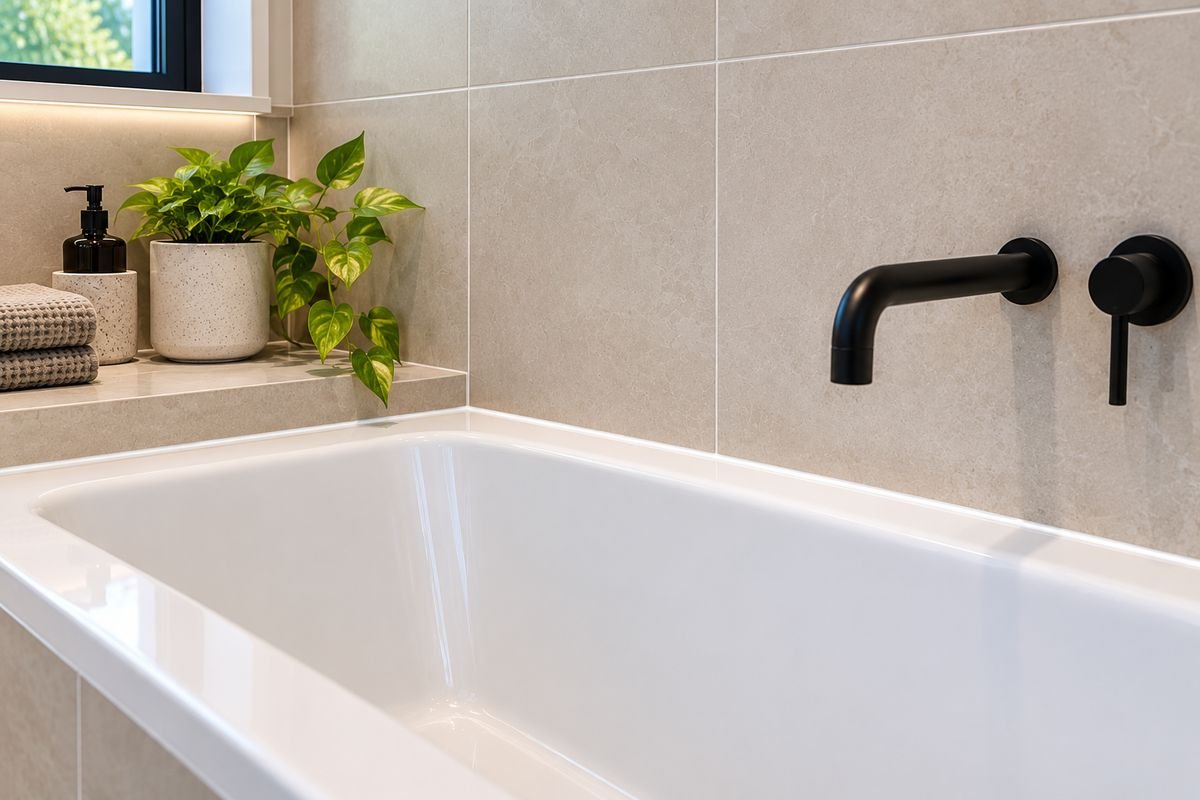 White bath with a clean silicone bead where the bath top meets large-format beige wall tiles