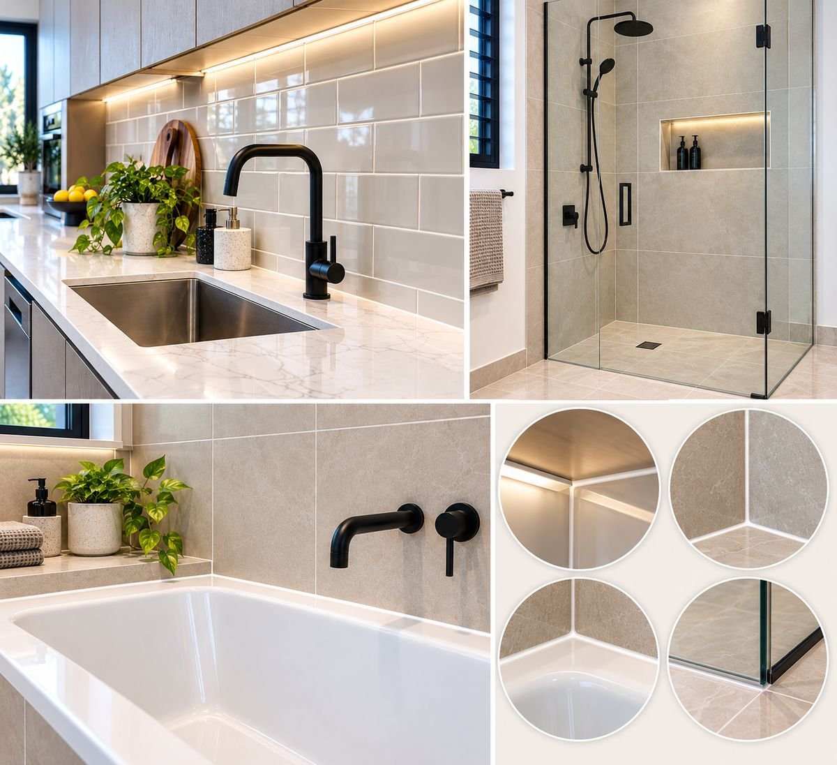 Close-ups of finished silicone joints: splashback edge, shower corner, bath edge and shower screen channel