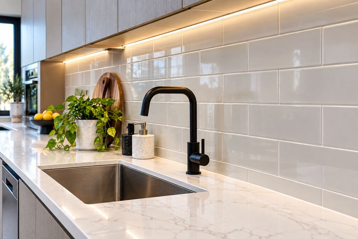 Kitchen benchtop to subway-tile splashback joint behind a black mixer tap and undermount sink