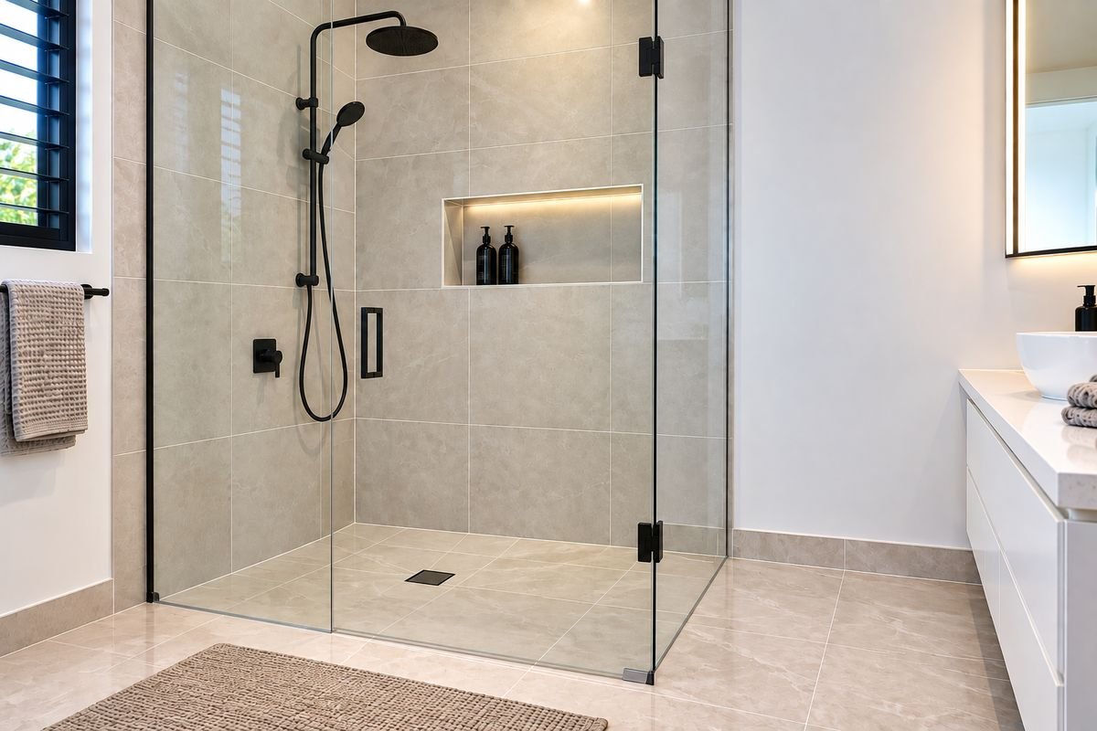 Frameless glass shower screen on beige stone-look tiles with clean silicone joints at the screen, corners and floor